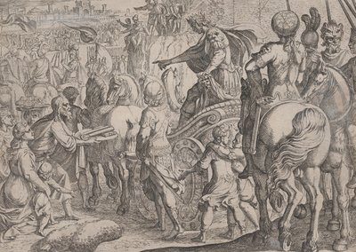 9. tábla: Sándor diadalmas belépése Babilonba, Nagy Sándor tetteiből, ..., 1608. alkotó: Antonio Tempesta
