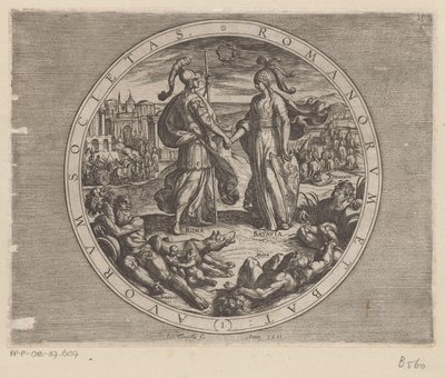 Rome en Batavia schudden elkaar de hand A rómaiak és a hollandok társasága (cím a tárgyon) De Bataafse oorlogen tegen de Romeinen (sorozat címe) A hollandok csatája a rómaiakkal (sorozat címe) alkotó: Antonio Tempesta