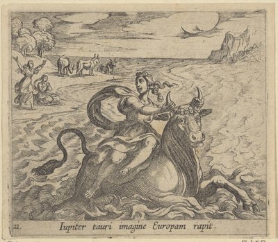 Tető van Európa A Jupiter megörökíti Európát egy bika képében (cím a tárgyon) Metamorphoseon méret transzformációs (sorozat címe) Metamorfosen van Ovidius (sorozat címe) alkotó: Antonio Tempesta