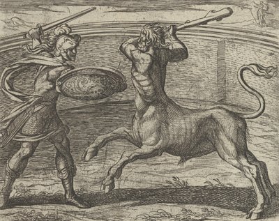Thészeusz és a Minotaurusz Minotaurum Theseus vincit, a Metamorphos...-ból, 1606 után jelent meg. alkotó: Antonio Tempesta