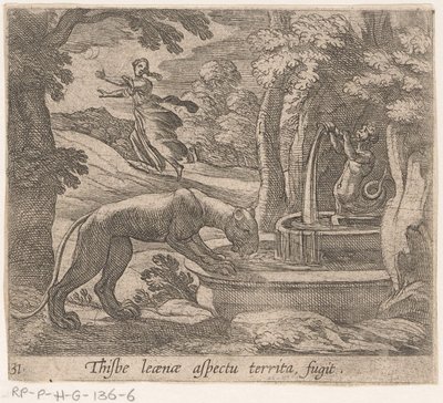 Thisbe vlucht voor the leeuwin by the bron Ez a terület-fugit aspektusa (cím az objektumon) Metamorfózis és átalakulás (sorozat címe) Ovidius metamorfózisai (sorozat címe) alkotó: Antonio Tempesta