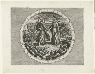 Titelprent voor de Serie De Bataafse Opstand, 69-70 A rómaiak és a hollandok társasága (1) (cím a tárgyon) De Bataafse Opstand (sorozat címe) A hollandok háborúja a rómaiakkal, à Cor. Tacito / De Batavische Oft Oude Hollandtsche Oorloghe teghen de Romeynen alkotó: Antonio Tempesta