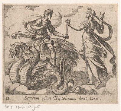 Triptolemus ontagunt de wagon van Ceres Ceres megtanítja Triptolemust a termésre (cím a tárgyon) Metamorfózis vagy átalakulások (sorozat címe) Metamorfosen van Ovidius (sorozat címe) alkotó: Antonio Tempesta