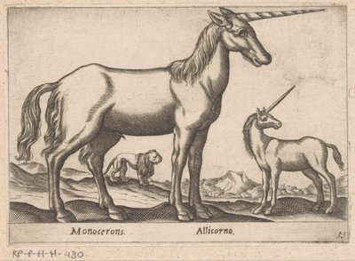 Két egyszarvú és egy oroszlán Monocerons/ Allicorno (cím a tárgyon) Állatok és mitikus lények (sorozat címe) Nova raccolta de li animali piu curiosi del mondo (sorozat címe) alkotó: Antonio Tempesta