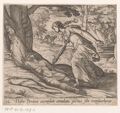 Zelfmoor van Thisbe Thijsbe áthúzta a mellét Pyramus példájára (cím a tárgyon) Metamorfózis vagy átalakulások (sorozat címe) Metamorfosen van Ovidius (sorozat címe) alkotó: Antonio Tempesta