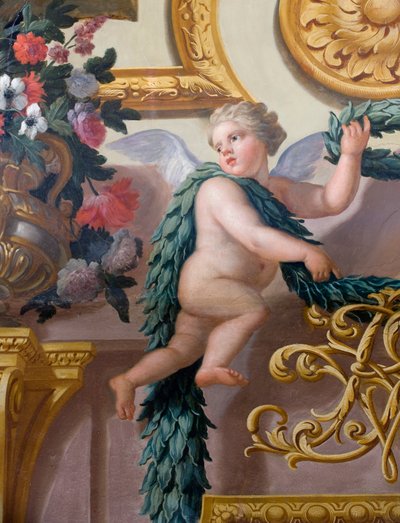 Részlet egy falfestményről, amelyen egy babérkoszorút és füzért tartó kerub látható, A bankettház alkotó: Antonio Verrio