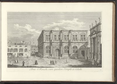 Gezicht op Campo San Rocco te Venetië S. Rocchi területe ugyanazzal a templommal és iskolával (cím az objektumon) Gezichten op bugemenen en pleinen in Venetië (sorozat címe) Velence városának leghíresebb kilátásai az Antonius-csatorna 38 táblájáról, amelye alkotó: Antonio Visentini