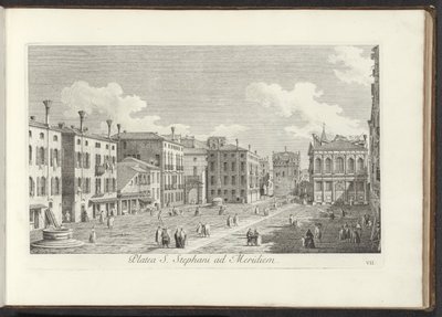 Gezicht op Campo Santo Stefano te Venetië A Szent István tér délre (cím a tárgyon) Gezichten op bugemenen en pleinen in Venetië (sorozat címe) Velence városának leghíresebb kilátása az Antonius-csatorna 38. tábláiról, Antonio Viss sárgaréz nyomtatásával alkotó: Antonio Visentini