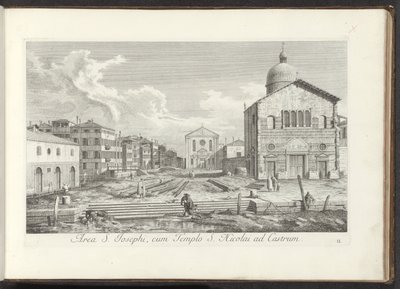 Gezicht op de Chiesa di San Giuseppe di Castello te Venetië Szent József környéke, a várban található Szent Miklós templommal (cím a tárgyon) Gezichten op bugemenen en pleinen in Venetië (sorozat címe) Velence városának híresebb kilátásai, Antonius-csatorn alkotó: Antonio Visentini