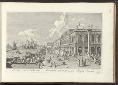 Hoek van het San Marcoplein met de Biblioteca Marciana Kilátás a Szent Teodor oszlopról a Canal Grande bejáratára (cím a tárgyon) Velence városának leghíresebb kilátása, az Antonius-csatorna 38 réztáblájából, Antonio Vissentini részekben nyomtatta alkotó: Antonio Visentini