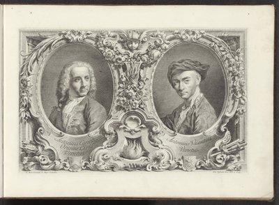 Portretten van artists Canaletto és Antonio Visentini Velence városának leghíresebb képe az Antonius-csatorna 38 táblájáról, Antonio Vissentini által sárgarézre nyomtatva, három részre osztva. első rész (sorozat címe) Gezichten op grote kanalen in Ven alkotó: Antonio Visentini