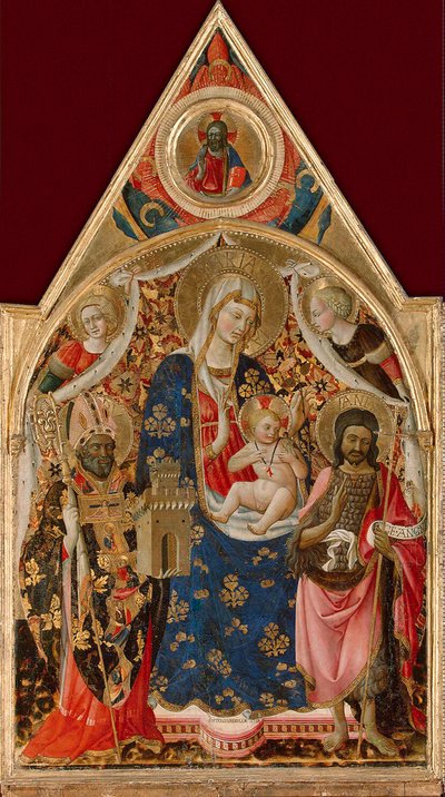 Madonna és gyermeke, püspökkel, Keresztelő Szent Jánossal és angyalokkal, 15. század eleje. alkotó: Antonio da Firenze