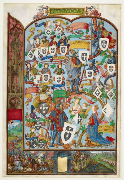 Portugália királyainak genealógiai fája, amely Sancho Capello és III. Alfonso származását mutatja. Alsó margó: a saladoi csata 1340-ben alkotó: Antonio de Hollanda