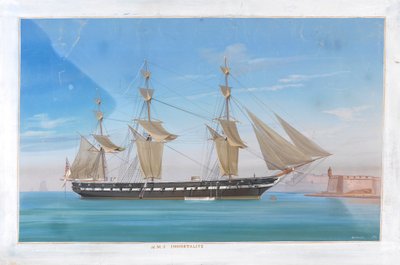 A HMS "Immortalite" vitorlával segített gőzhajó egy part közelében lehorgonyozva, csatárokkal körülvéve alkotó: Antonio de Simone
