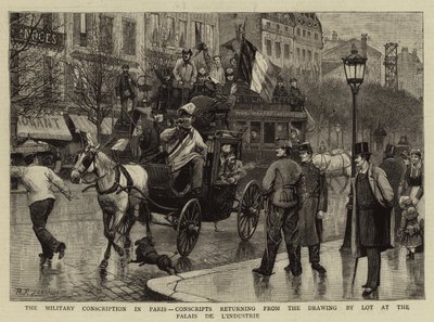 A párizsi katonai sorozás, a sorsolásról visszatérő sorkatonák a Palais de L