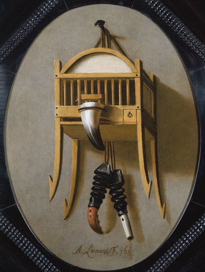 Trompe LOeil madarász kalitkával és síppal, 17. század alkotó: Antonius Leemans
