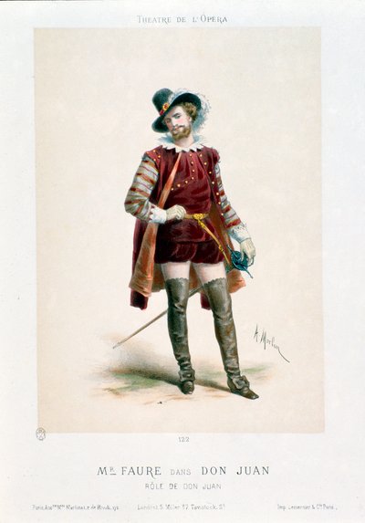 Jean-Baptiste (Jean Baptiste) Faure (1830-1914) énekes, aki a Don Giovannit (Don Juan) adja elő Wolfgang Amadeus Mozart (1756-1791) azonos című operájában a párizsi Operaszínházban. Antony Morlon litográfiája (1834-1914) Colle alkotó: Antony Paul Emile Morlon
