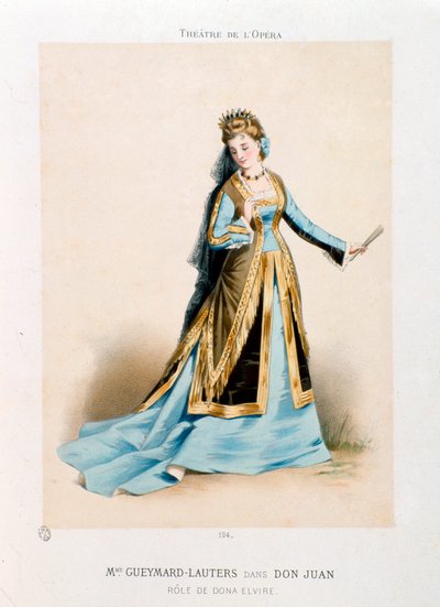 Pauline Lauters-Gueymard (Lauters Gueymard) (1834-1876) énekesnő, aki Dona Elvirét adja elő Wolfgang Amadeus Mozart Don Giovanni (Don Juan) (1756-1791) című operájában a párizsi Operaszínházban. Antony Morlon litográfiája (1834-1914) Magán alkotó: Antony Paul Emile Morlon