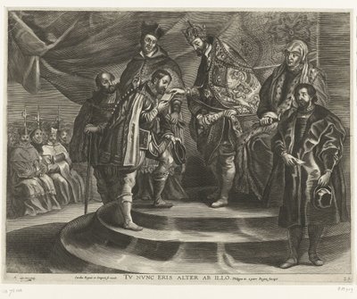 Troonsafsand van Karel V; intocht van Ferdinand te Gent 1635-ben (blad 25) Károly megfosztotta magát a Királyságtól és a Birodalomtól / Most a második leszel / II. Fülöp elveszi a Királyságot apjától (cím a tárgyon) alkotó: Antony van der Does