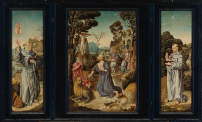 Triptichon: Jelenetek Szent István életéből. Jeromos, Páduai Szent Antal, Clairvaux-i Szent Bernát alkotó: Antwerp School c. 1525 3