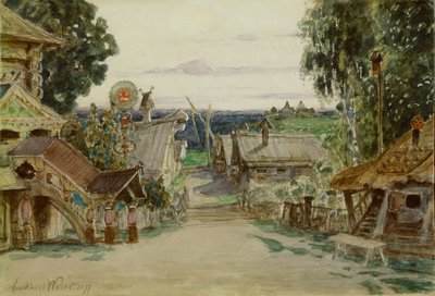 Berendejevka. Színpadterv N. Rimszkij-Korszakov Snow Maiden című operájához, 1895 alkotó: Apollinari Mikhailovich Vasnetsov