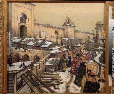 Moszkva a 17. században, Könyvesboltok a Krisztus Megváltó hídon (Moszkva a 17. században, Könyvesboltok a Krisztus Megváltó hídon) - Appolinari Mikhajlovics Vasnyecov (1856-1933) munkája, akvarell és fehér kartonon alkotó: Apollinari Mikhailovich Vasnetsov