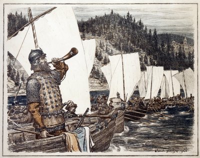 Jermak Timofejevics (kb. 1540-1585) az Irtis folyón. (Jermak Timofejevics az Irtisről). Szibéria felfedezésének és meghódításának epizódja, 1583. Appolinari Mihajlovics Vasnyecov (1856-1933) munkája, litográfia 1916. Orosz művészet, 20. alkotó: Apollinari Mikhailovich Vasnetsov