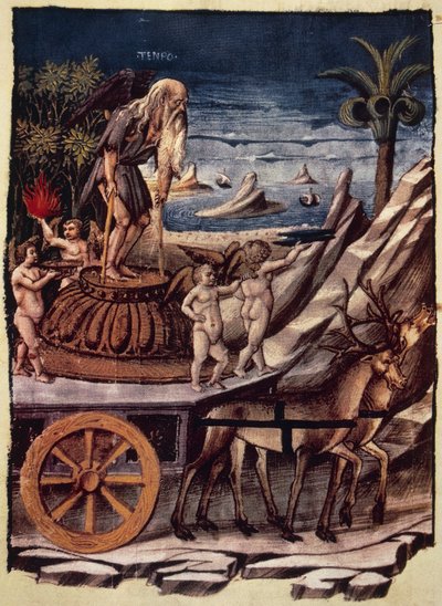 Az idő diadala, a szarvasok által vontatott idő szekere, Apollonio di Giovanni (1415 vagy 1417-kb. 1465) miniatúrája a Diadalokból, Francesco Petrarca (1304-1374) allegorikus költeménye, 1129. kézirat, 42. folio, verso, Olaszország alkotó: Apollonio di Giovanni di Tommaso