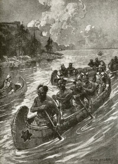 Samuel De Champlain 1608-ban a Szent Lőrinc folyón felfelé a barátságos amerikai indiánok kenuin (litho) alkotó: Archibald Bertram (after) Webb
