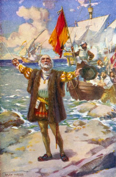 Kolumbusz partraszállása (színes litó) alkotó: Archibald Bertram (after) Webb