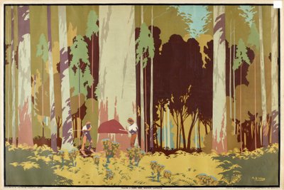 Karri fa kivágása Nyugat-Ausztráliában, az „Ausztrália búza és gyapjú gazdagsága” sorozatból alkotó: Archibald Bertram Webb