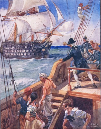 Kapitányunk üdvözölte a franciát „Ho!”, illusztráció a „Híres harcok balladáiból”, 1900 körül alkotó: Archibald Webb