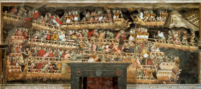 Tengerészeti csata Punta Salvatore-ban, Frederic Barberossa seregének szembeállítása a velenceiekkel (Fresco alkotó: Aretino Luca Spinello or Spinelli