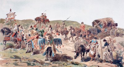 Kísérővel utazó kocsi a 15. században, 1886 alkotó: Armand Jean Heins