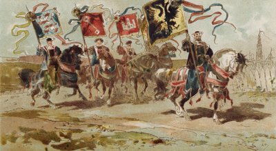 Lovasok a Hanza-szövetség és néhány tagváros zászlaját viselik, Spanyol-Hollandia, 16. század alkotó: Armand Jean Heins