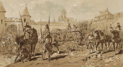 Katonai szekér és lovasok, 13. század alkotó: Armand Jean Heins