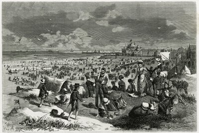 Ostend Beach. A.Heins metszete a „La Belgique” című történet illusztrálására, Camille Lemonnier (1844-1913), író és művészeti kritikustól. Megjelent a Tour du monde új folyóiratban des voyages alkotó: Armand Jean Heins