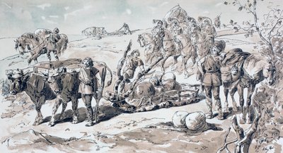 Kövekkel megrakott primitív szánkót rajzoló ökrök, 1886 alkotó: Armand Jean Heins