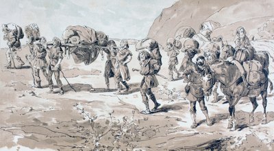 Hordárok, akik kosarakban szállítanak árut a hátukon alkotó: Armand Jean Heins