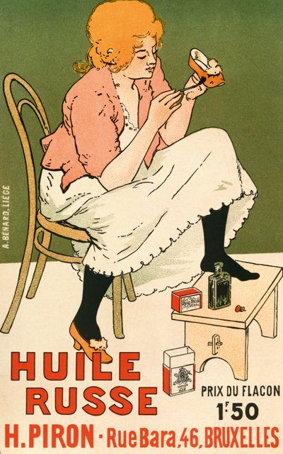 „Huile Russe” cipővédőt reklámozó plakát, 1896 alkotó: Armand Rassenfosse