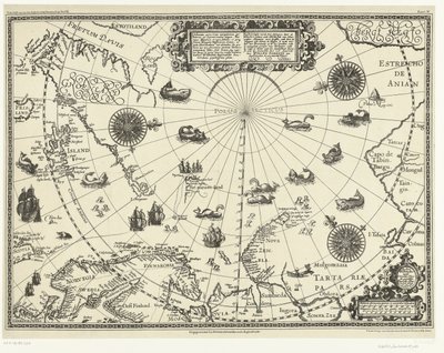 Az Északi-sarkkör körüli országok térképe, amely a hollandok három útját mutatja, 1598 A holland és a Noordt syde van Noorweghen által készített három seylagien leírása, Moscovia, nova Sembla és Groenlandt 80. fokos részén keresztül alkotó: Arnaud A.J. Pistoor
