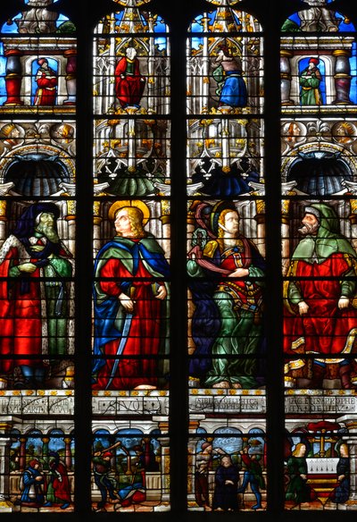 Szent Mátyás (Mathias), Ezra (vagy Ezra), Habakuk próféta (vagy Habakuk) és a Sibylle Tiburtine (vagy Tiburi Albunea) - Arnaud de Moles (1470-1520) Passió kápolnájának ólomüvege 1513-ban készült el - Auch-i Szt. Mária-székesegyház (ger alkotó: Arnaud de Moles