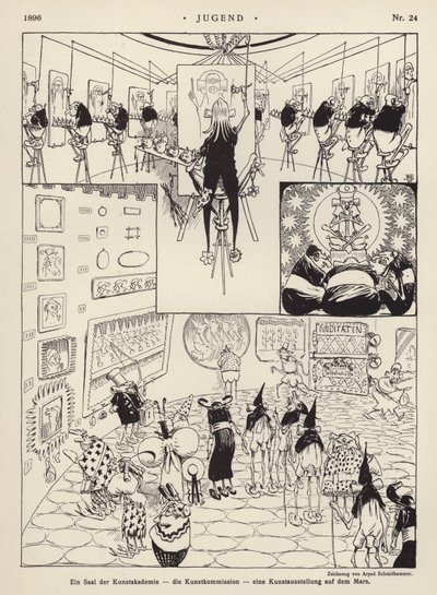A Művészeti Akadémia terme; a Művészeti Bizottság; művészeti kiállítás a Marson (litho) alkotó: Arpad Schmidhammer