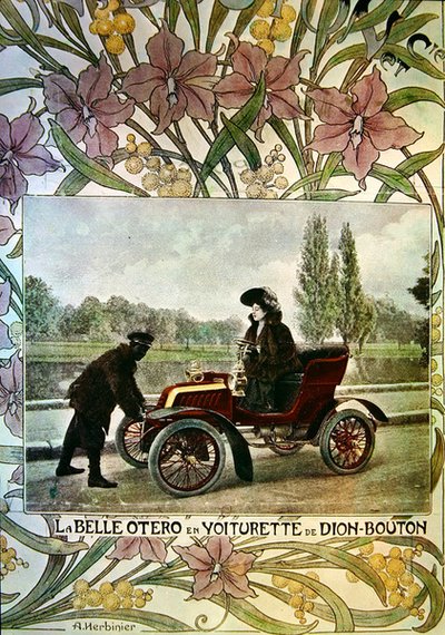 La Belle Otero egy De Dion-Bouton autó volánjánál, 1900 körül alkotó: Arsene Herbinier