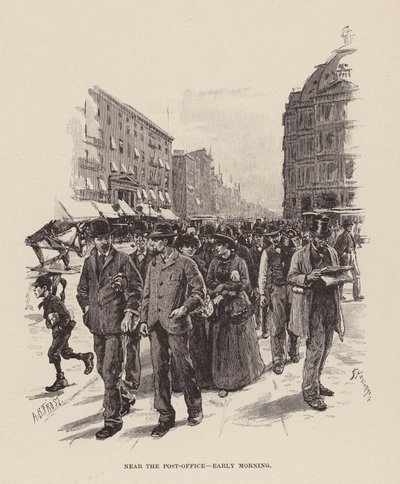 A posta közelében, kora reggel (metszet) alkotó: Arthur Burdett Frost