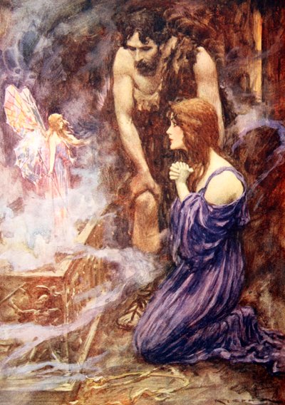 Egy gyönyörű tündérszerű lény repült ki szivárványszínű szárnyakkal (színes litho) alkotó: Arthur C. (after) Michael