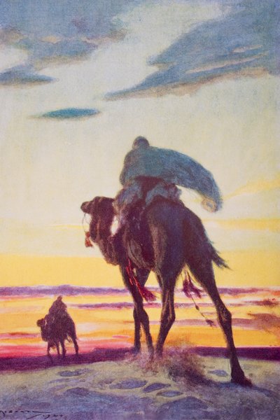 Mohamed menekülése Medinába, illusztráció H. G. Wells „A történelem körvonalai” II. kötetéből, 1920-ban megjelent (színes litó) alkotó: Arthur C. (after) Michael