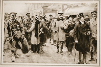 A hétvége távol a fronttól: brit tisztek és rövid szabadságon lévő férfiak a lövészárokból Viktóriába érkezve, a The Illustrated War News-ból alkotó: Arthur C. (after) Michael