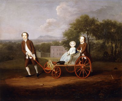 Peter és Mary Du Cane három gyermekének csoportos portréja, kicsi, egész alakos, kidolgozott kutyakocsival játszik, egy tájház földjén, 1747 alkotó: Arthur Devis