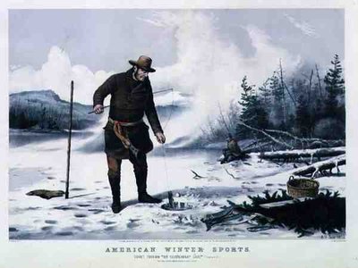 Amerikai téli sportok: Pisztránghorgászat a Chateaugay tavon, pub. szerző: Currier & Ives alkotó: Arthur Fitzwilliam (after) Tait